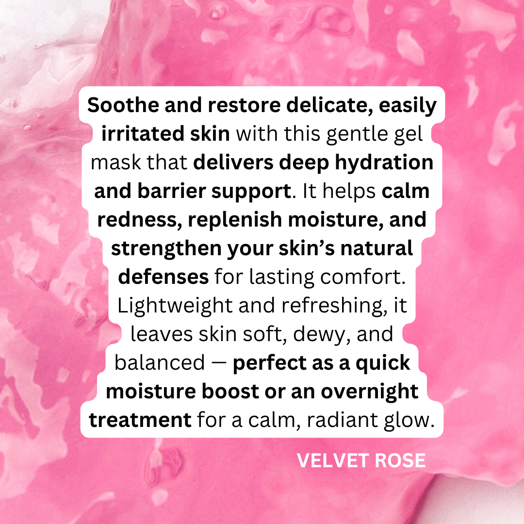 Pink gel mask with text about skin care benefits and brand name 'Velvet Rose'.