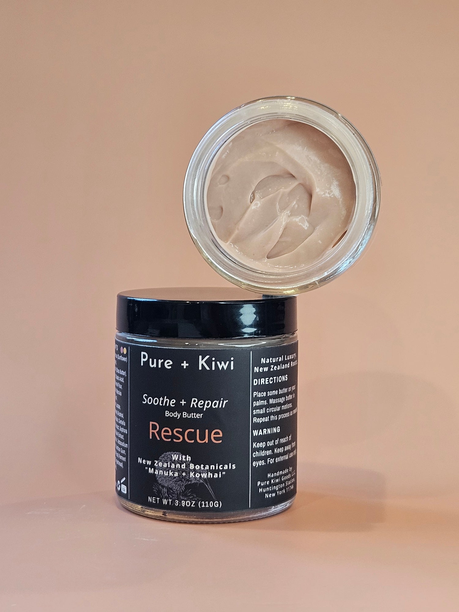Pure + Kiwi Rescue Body Butter with Manuka Honey and Kowhai for dry, sensitive skin.